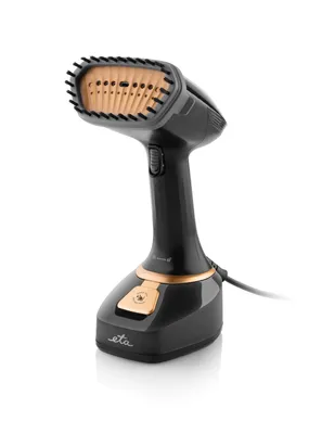A black and gold handheld garment steamer on a white background.