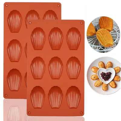 Image de Moules en silicone pour madeleines miniatures, lot de 2, couleur brique, forme coquillage, pour gâteaux, chocolats et confiseries