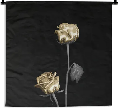 Produktbild von MuchoWow® Wandteppich Wandbehang Rosen - Blumen - Schwarz - Weiß - Gold 150x150 cm Tapisserie Dekoration Wandtuch - Wohnaccessoires - Modernes