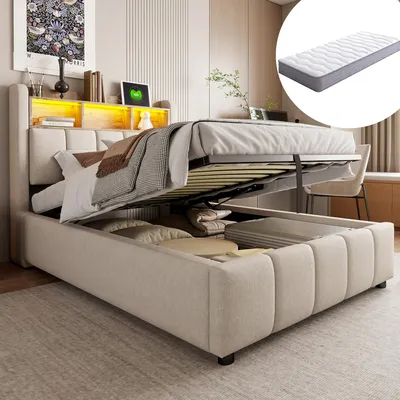 Produktbild von Polsterbett 90*200 cm mit LED-Beleuchtung und USB-Anschluss, Kopfteil mit Ablageflächen und Stauraum, hydraulischem Stauraum, Kindereinzelbett, Leinen Beige (mit Matratze ausgestattet)