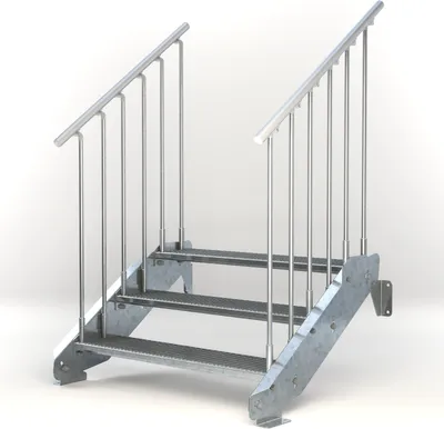 Produktbild von Stahltreppe 3 Stufen bis Höhe 64 cm, Laufbreite : 110 cm beidseitiges Geländer ST 2 (31 / 31 mm gezackt)