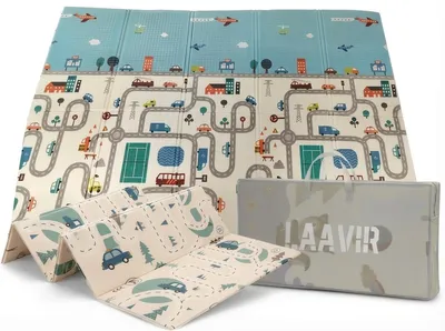 Produktbild von Laavir® Faltbare Baby-Spielmatte - 200x150 cm - Beidseitig Auto- und Stadtdesign - Schaumstoff-Spielmatte mit Tasche - Wasserabweisend - Blau