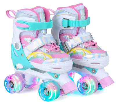 Image de Patins à roulettes COSTWAY Rainbow pour enfants, réglables sur 4 tailles, patins à roulettes à 4 roues avec roues lumineuses à LED, patins à roulettes d'extérieur pour enfants, patins à roulettes pour enfants à partir de 5 ans