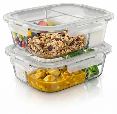 Produktbild von Arendo Meal Prep Boxen Glas 2er Set mit 3 Fächern, je 1500 ml, Frischhaltedosen, auslaufsicher mit Klickverschluss, Silikondichtung, Borosilikatglas, 2 Stück, transparent-weiß