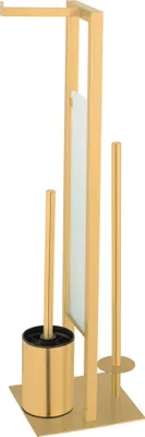 A gold-colored toilet brush holder and toilet paper holder stand.