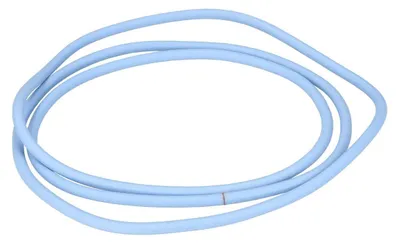 A light blue rubber seal or gasket is coiled on a white background.