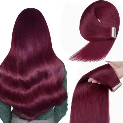 Image de Extensions à ruban, cheveux naturels, 20 pièces, 35 cm, 40 g, rouge bordeaux, cheveux lisses et soyeux