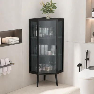 Imagen del producto de okwish, armario de esquina para cocina con puertas de cristal, armario de cocina de tres niveles con espacios de almacenamiento, color