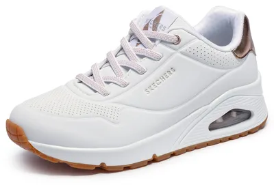Produktbild von Skechers Damen UNO Shimmer Away Trainers, White Durabuck, Rose Gold Duraleather/