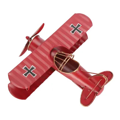 Zdjęcie produktu dla Czerwony model samolotu dwupłatowego w stylu vintage, wykonany ręcznie z żelaza, do dekoracji wnętrz, ozdoba do kawiarni