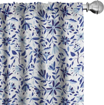 Image de ABAKUHAUS Rideaux indigo, voilages, motif asiatique moderne minimaliste printanier avec tourbillon de fleurs, 2 pièces 75 x 175 cm, bleu pâle bleu marine
