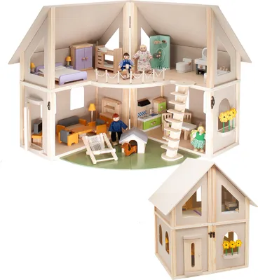 Immagine prodotto di casa delle bambole pieghevole in legno howa con set di mobili da 30 pezzi, 4 bambole e cane 7016
