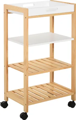 Image de Chariot de service de cuisine HOMCOM sur roulettes, 3 étagères + plateau amovible en MDF blanc imitation pin