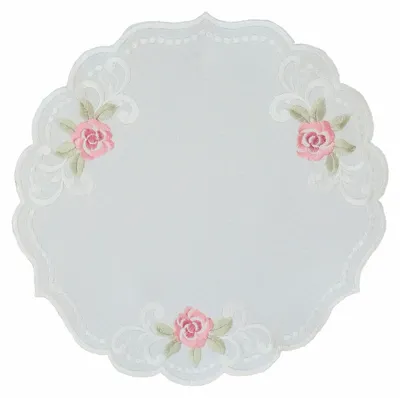 Image de Nappe Broderie Roses Fleurs Printemps Chemin de table Bordure festonnée 30 cm rond