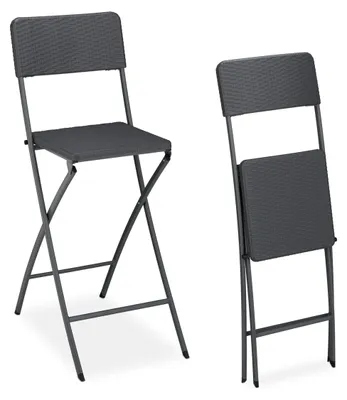Productafbeelding van Relaxdays inklapbare barkruk, set van 2, met rattanlook, rugleuning, afmetingen (hoogte x breedte x diepte): 115 x 44 x 63 cm, barkruk, PE en metaal, grijs