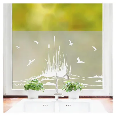 Produktbild von Sichtschutzfolie mit Vögeln und Schilf am Ufer, maritime Fensterfolie, Fensterdeko Milchglasfolie, 100 cm hoch, 75 cm breit
