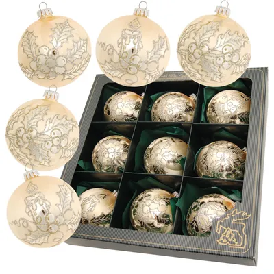 Produktbild von Krebs Glas Lauscha 9er Set Weihnachtskugeln - Glaskugelsortiment in Eislack Gold - Größe: 8cm - mundgeblasen & handdekoriert