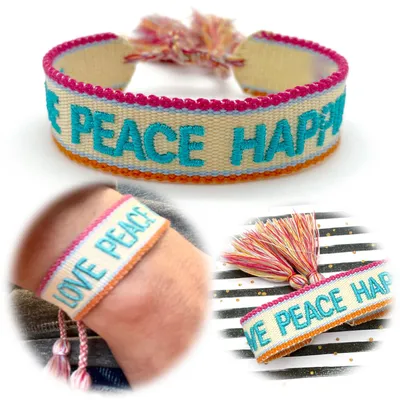 Produktbild von LS-LebenStil Canvas Statement Armband Love Peace Happiness besticktes Stoffarmband gewebt textiles Quasten Spruch Boho Geschenk Freundschaftsarmband