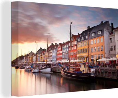 Produktbild von OneMillionCanvasses® - Leinwandbilder - 150x100 cm, Kopenhagen - Sonnenuntergang - Häuser, Wandbilder Kunstdruck Wanddekoration