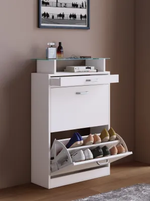 Produktbild von VCM Holz Schuhschrank | Maße: H. 91 x B. 59 x T. 22 cm | 2 Klappen | schmale Schublade | praktische Ablage - Sipos M