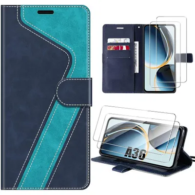 Image de Coque + 2 Verres Trempés pour Samsung Galaxy A36 5G, Antichoc Anti-Rayures Effet Cuir Bleu