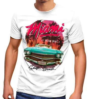 Produktbild von Herren T-Shirt Miami Ocean Drive South Beach Oldtimer Retro Fashion Streetstyle Neverless® weiß-pink 4XL