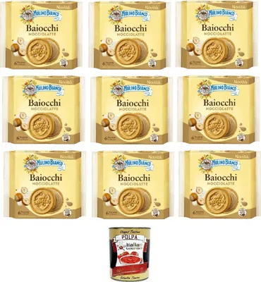 Produktbild von Mulino Bianco Baiocchi Nocciolatte Haselnussdrink 9x168g – Italienische Kekse mit Haselnuss-Milch-Creme – Ohne Palmöl – Original aus Italia+ Italian Gourmet polpa 400g