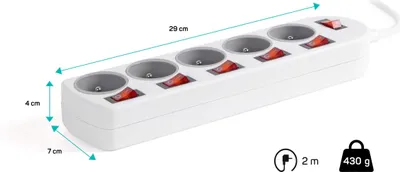 Image de Câble de rallonge avec 5 prises et 6 interrupteurs 2m blanc