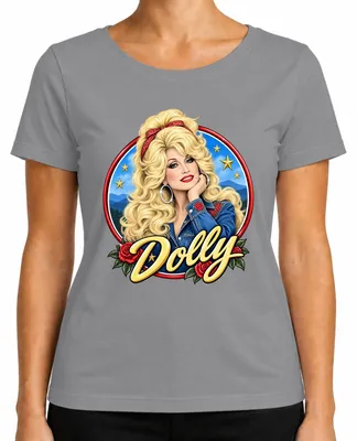 Zdjęcie produktu dla Damska koszulka z nadrukiem przedstawiającym Dolly Parton, amerykańską piosenkarkę country, legendę muzyki country, z motywem westernowym. Kolor: szary. Rozmiar: L