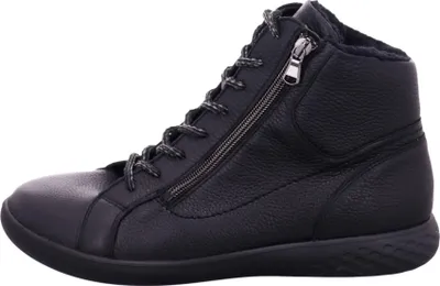 A black leather boot is shown against a white background.