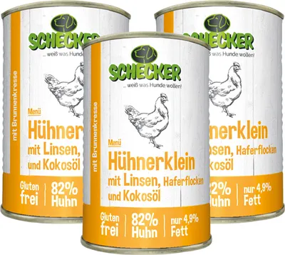 Produktbild von Schecker 3 x 410g Nassfutter Dosenfutter mit 82% Huhn Hühnerklein mit Linsen Haferflocken