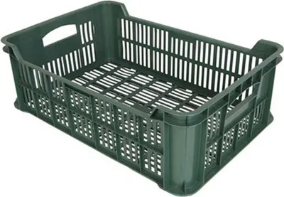 A green plastic crate is shown from a diagonal angle against a white background.