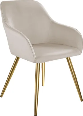 A single beige upholstered chair with gold legs against a white background.