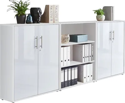 Produktbild von Aktenschrank TABOR 9 in weiß / weiß Hochglanz, Schrankwand, Büroschrank, abschließbar, Metallgriffe
