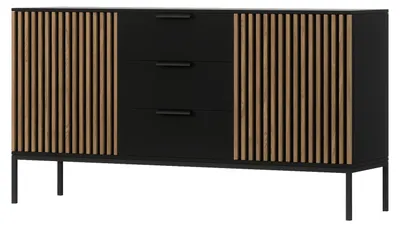 Produktbild von Kommode METEOR 150 cm, Sideboard mit 2 Türen und 3 Schubladen, Schwarz / Eiche Artisan, Schubladenkommode auf Metallbeinen
