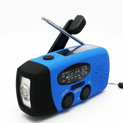 Imagen del producto de Radio de emergencia multifunción, con manivela, recargable por energía solar, portátil, color azul