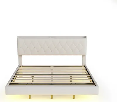 Produktbild von Polsterbett 140x200cm Doppelbett (ohne Matratze) Jugendbett Mit USB-Ladeanschluss und LED-Farbwechsel-Lichtleiste Mit Lattenrost Beige Leinenstoff
