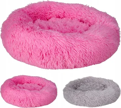 A collage of three round, fluffy pet beds in pink and gray.