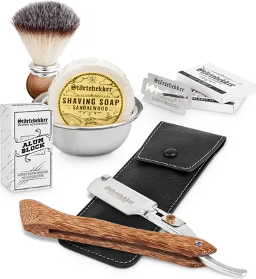 Produktbild von Störtebekker® Premium Rasierset - Rasiermesser mit Holzgriff – inkl. Echtlederetui (Schwarz) - Rasierseife Sandelholz Duft - Rasurset / Bartpflege Set