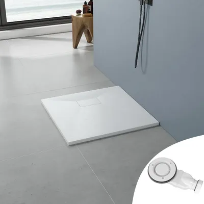 Produktbild von AQUABATOS SMC Duschwannen für badezimmer antirutsch, schieferoptik duschtasse quadrat, modern-design brausewanne weiße extra-flach 80x80cm mit Abdeckung Siphon/Ablaufgarnitur