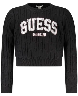 Image de Pull pour filles, couleur noire : manches longues, motif torsadé et logo