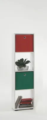 A tall, narrow white shelf unit with red and green storage cubes, a plant, and books.
