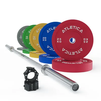 Produktbild von ATLETICA Alpha Weightlifting Hantelstangen Set | Premium Trainings-Langhantel | 150kg Color Bumper Plates | Pro Collars