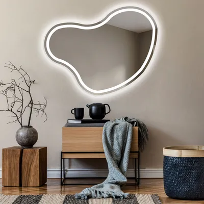 Produktbild von Unregelmäßiger asymmetrischer Spiegel mit LED Beleuchtung 94x74 cm - mit LED Beleuchtung - LED Farbe Kaltweiß 7000K - Individuell Nach Maß - Beleuchtet Wandspiegel Lichtspiegel Badezimmerspiegel NER223