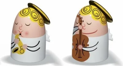 Two stylized angel figures playing musical instruments, presented against a white background.