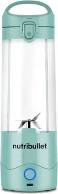 A teal and clear portable blender with silver blades.