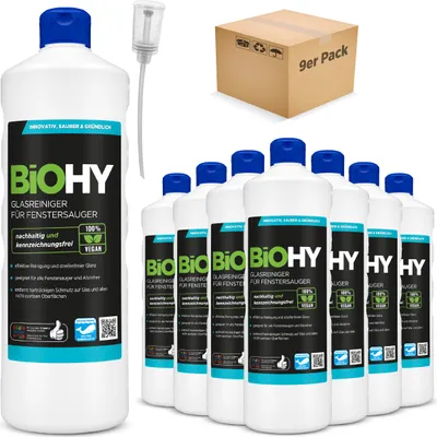 Produktbild von BiOHY Glasreiniger für Fenstersauger (9x1l Flasche) + Dosierer | geeignet für alle Fenstersauer | sorgt für strahlenden Glanz auf allen glatten Flächen | für eine klare und streifenfreie Reinigung