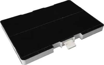 A black rectangular object with a white latch on its side, on a white background.