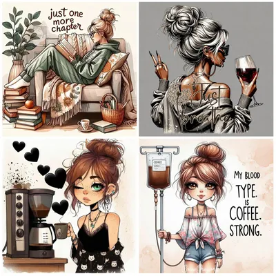 Diamantgemälde 4er-Pack Frau Kaffee Wein 30x30 cm