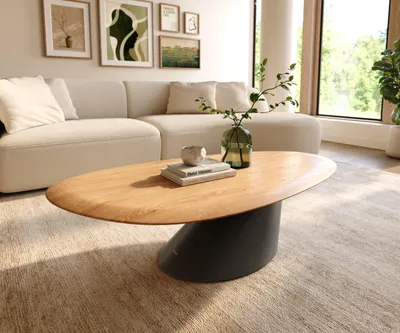 Produktbild von DELIFE Couchtisch Edge Oval 140x75 cm Eiche Natur Runde Kante Conis Metall Schwarz